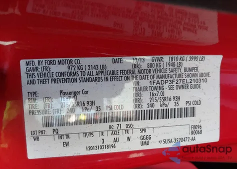 2014 Ford Focus Se z USA, uszkodzony, nr VIN 1FADP3F27EL210310